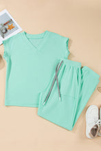 Beau Blue Solid Color V Neck Tee Drawstring Pant Set