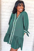 Canton Contrast Ricrac Trim Button V Neck Knotted Bracelet Sleeve Dress