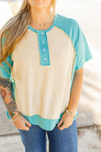 Mint Green Color Block Raglan Sleeve Buttoned Plus Size T Shirt