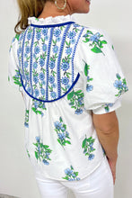 Beige Floral Print Piping Trim Tie Neck Puff Sleeve Blouse