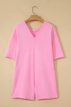 Fiery Red Solid Color Raw Edge Half Sleeve Pocketed Loose Romper