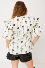 Apricot Bow Printed Ruffled Bubble Sleeve Lace-up Notched Neck Plus Size Blouse