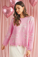 Pink Bow Pattern Pearl Embellished Raw Hem Sweater