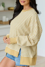 Khaki Stripe Textured Knit Color Block Trim Split Hem Long Sleeve Top