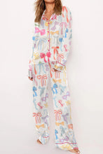 White Bow Print Lapel Collar Wide Leg Satin Pajama Set