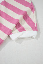 Pink Stripe Waffle Patchwork Short Sleeve High Low Loose T Shirt