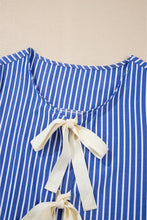 Blue Stripe Bow Tie Front Puff Short Sleeve Blouse