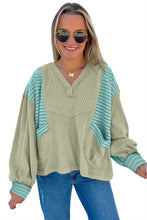 Meadow Mist Green Exposed Seam Waffle Striped Patchwork Baggy Pullover