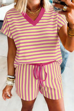 Red Stripe Colorblock Trim V Neck Tee Drawstring Elastic Waist Short Set