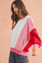 Rose Red Striped Patchwork Side Pocket Loose Sweatshirt