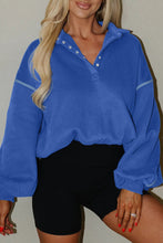 Sky Blue Button-up Collared Exposed Seam Chic Sweatshirt
