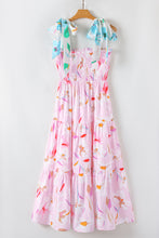 Pink Floral Print Knotted Shoulder Smocked Maxi Dress