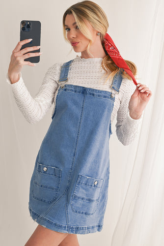 Dusk Blue Pocket Adjustable Straps Denim Overall Dress