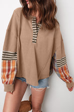 Beige Waffle Stripe Plaid Patchwork Henley Top