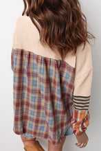 Beige Waffle Stripe Plaid Patchwork Henley Top