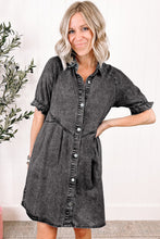 Blue Mineral Washed Ruffled Short Sleeve Pocketed Denim Dress