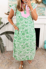 Green Plus Size Contrast Trim Flutter Sleeve Floral Kaftan Maxi Dress