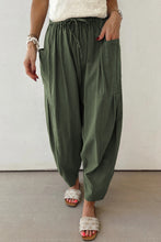 Jungle Green Drawstring Elastic Waist Patch Pocket Barrel Leg Casual Pants