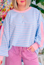 Sky Blue Stripe Oversized Contrast Trim Drop Shoulder Casual Top