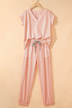 Beau Blue Solid Color V Neck Tee Drawstring Pant Set