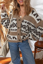 Dark Khaki Ethnic Geometric Pattern Button Front V Neck Cardigan