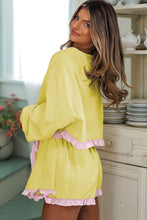 Yellow Cream Gingham Ruffle Hem Long Sleeve Pullover and Shorts Set
