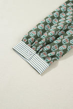 Green Contrast Striped Frilled Collar 3/4 Sleeve Plus Size Floral Dress