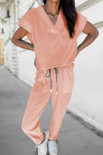Beau Blue Solid Color V Neck Tee Drawstring Pant Set