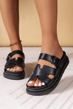 Black Solid Color Leather Buckle Strap Slides Shoes