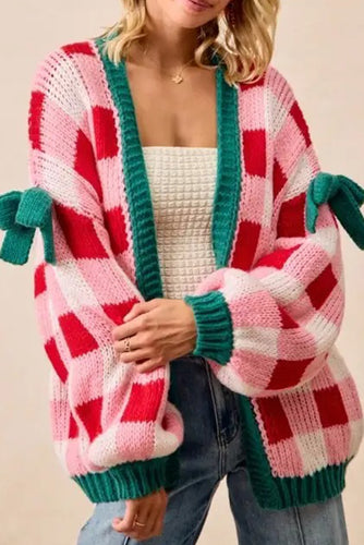 Pink Colorblock Checkered Open Front Knit Cardigan