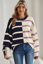 Pink Striped Colorblock Drop Shoulder Sweater