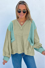 Meadow Mist Green Exposed Seam Waffle Striped Patchwork Baggy Pullover