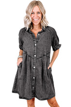 Blue Mineral Washed Ruffled Short Sleeve Pocketed Denim Dress