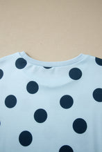 Sky Blue Polka Dot Print Loose Tee Drawstring Elastic Waist Short Set