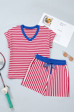 Red Stripe Colorblock Trim V Neck Tee Drawstring Elastic Waist Short Set