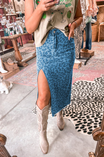 Sky Blue Leopard Frayed Split Denim Midi Skirt