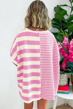 Pink Stripe Waffle Patchwork Short Sleeve High Low Loose T Shirt