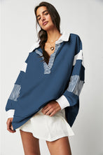 Dark Blue Striped Patchwork Collar Sweatshirt