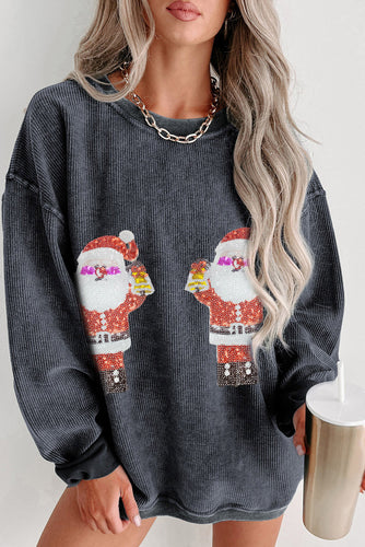 Gray Santa Claus Graphic Corded Crewneck Sweatshirt