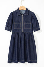 Dirty Blue Puff Sleeve Half Zipper Denim Flowy Dress