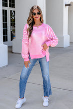 Khaki Stripe Textured Knit Color Block Trim Split Hem Long Sleeve Top