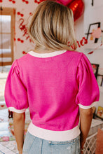 Bright Pink XOXO Embroidered Graphic Valentines Contrast Trim Crew Neck Short Puff Sleeve Sweater Tee