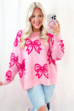 Pink Bow Pattern Drop Sleeve Loose Sweater