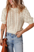 Beige Hollowed Knit Plain Puff Sleeve Top