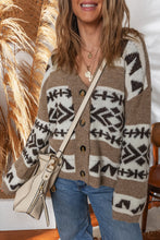 Dark Khaki Ethnic Geometric Pattern Button Front V Neck Cardigan