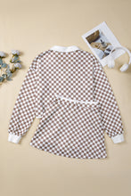 Khaki Checkered Print Polo Collar Long Sleeve Top Drawstring Mini Skirt Set
