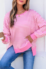 Khaki Stripe Textured Knit Color Block Trim Split Hem Long Sleeve Top