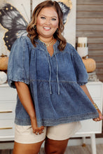 Sail Blue Plus Size Tie V Neck Puff Sleeve Denim Blouse