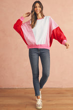 Rose Red Striped Patchwork Side Pocket Loose Sweatshirt