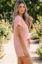 Red Stripe Colorblock Trim V Neck Tee Drawstring Elastic Waist Short Set